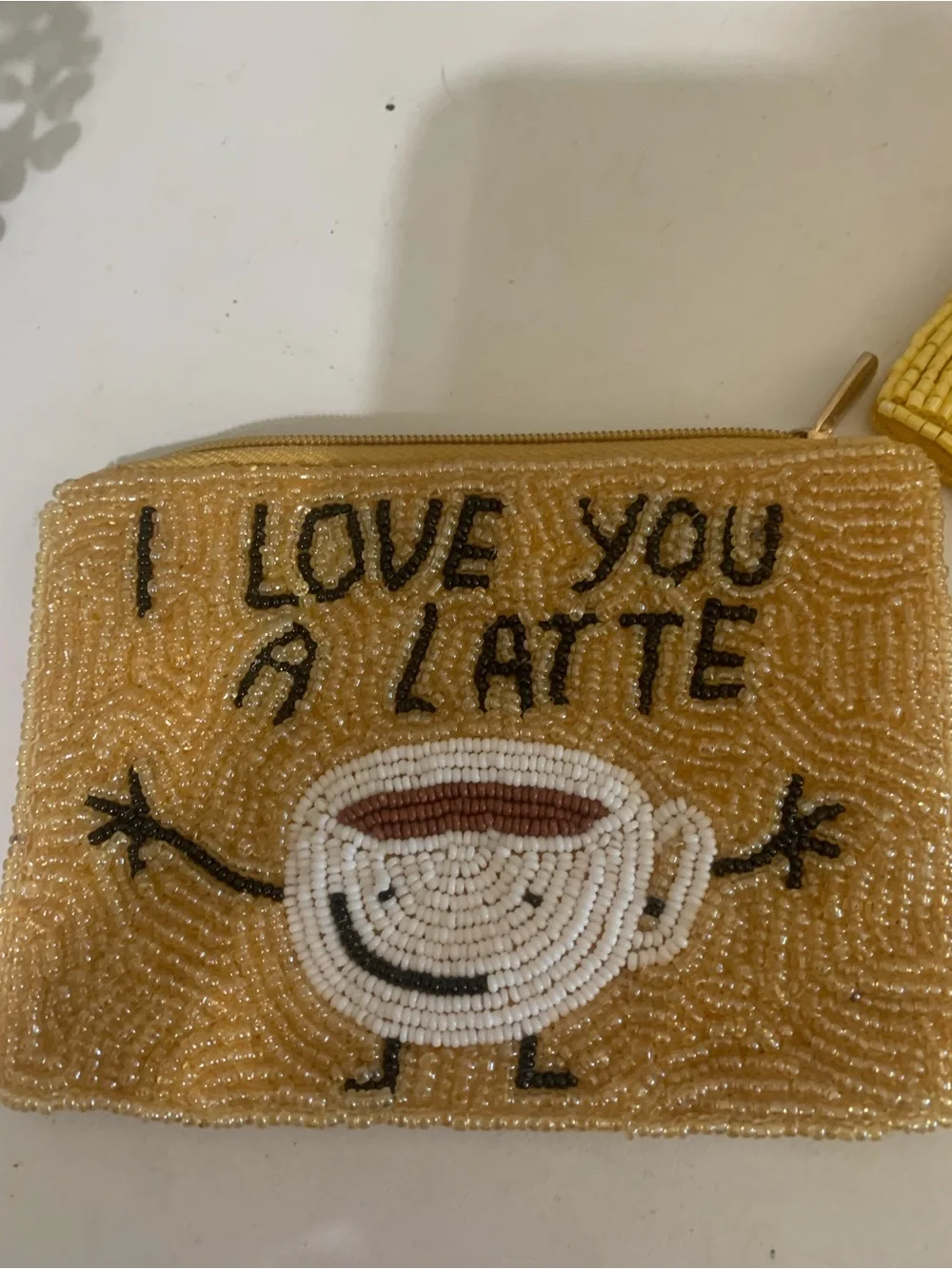 Beaded 'I Love You a Latte' coin Pouch - Mustard